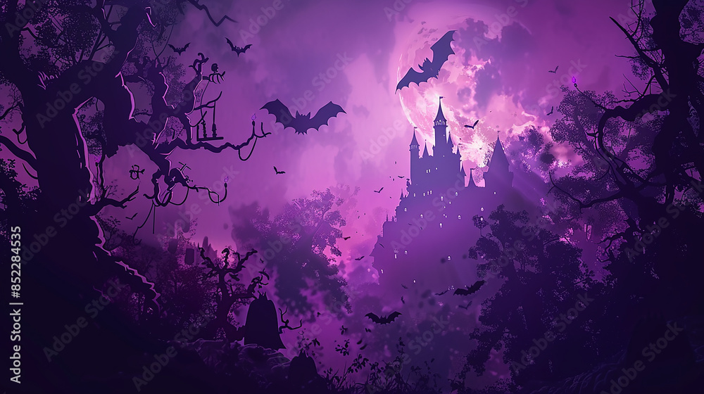 Halloween illustration with copyspace. Melted space for creative design. Liquid drop flows on halloween loop animation. Mystic pumpkins, ghost and castle in forest. Black bats flying Halloween illustration with copyspace. Melted space for creative design. Liquid drop flows on halloween loop animation. Mystic pumpkins, ghost and castle in forest. Black bats flying