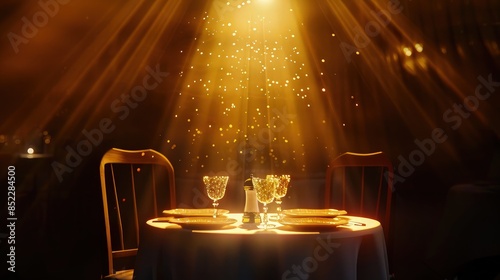 A spotlight with soft gold glitter lights casting a warm glow over a romantic dinner table set for two, creating an intimate dining experience.