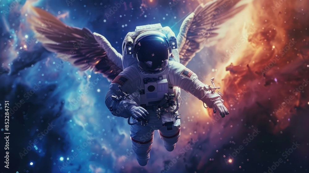 Astronaut with wings soaring through the galaxy Astronaut with wings soaring through the galaxy