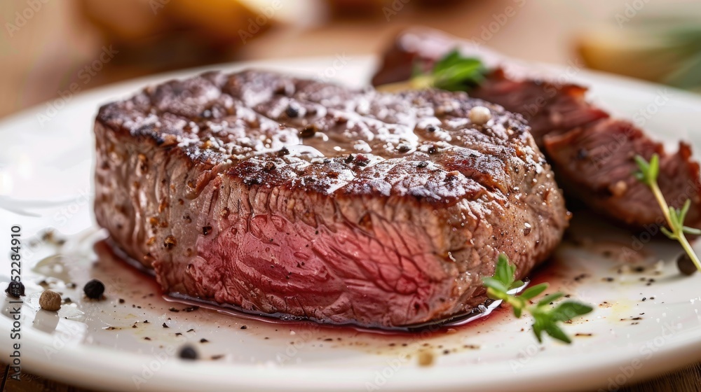 Beef steak served on a white plate Beef steak served on a white plate
