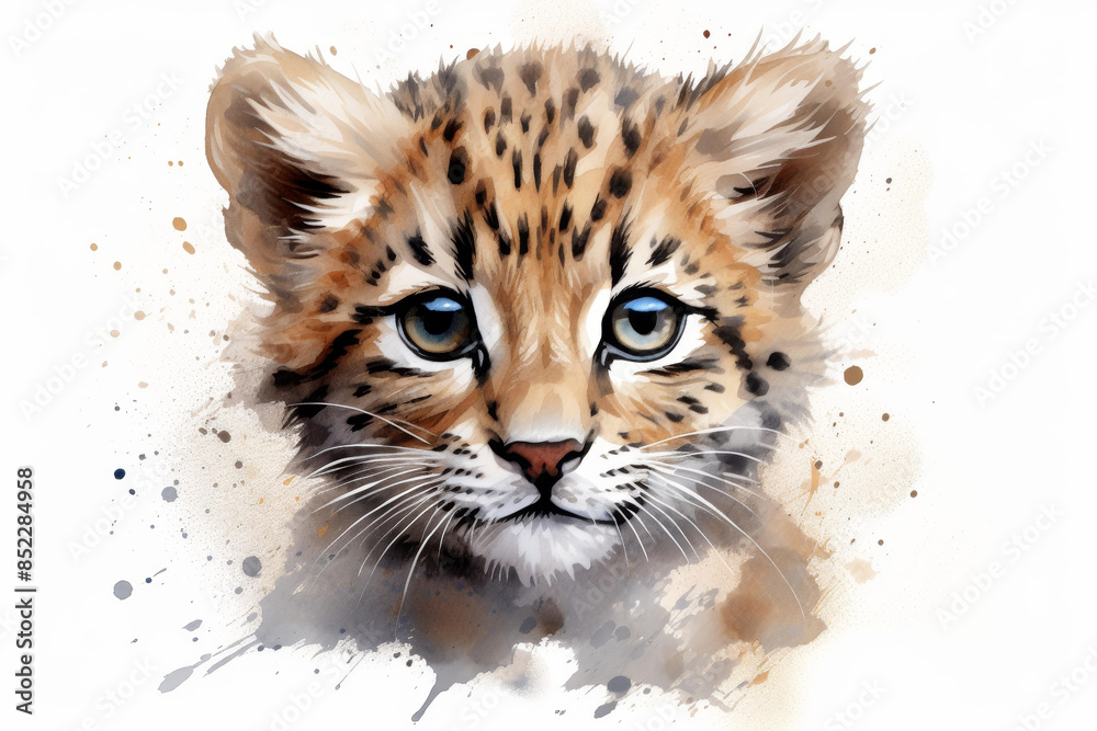 Fototapeta premium Stunning digital illustration of a leopard kitty portrait with watercolor spots, capturing the beautiful expression and features.