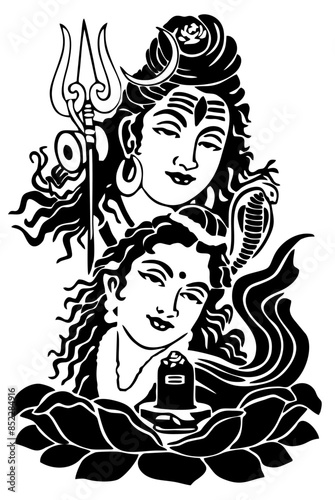 A closeup of the face of the Hindu god Lord Shiva with his wife Parvati vector designed in black and white