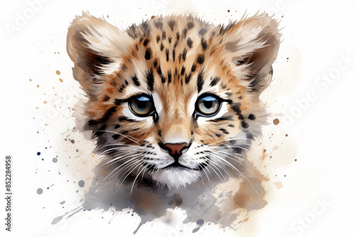 Stunning digital illustration of a leopard kitty portrait with watercolor spots, capturing the beautiful expression and features. © Crazy Juke