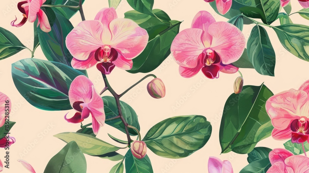 Pink orchid buds and green leaves pattern on a pastel background for textile holiday cards or packaging Pink orchid buds and green leaves pattern on a pastel background for textile holiday cards or packaging