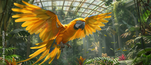 A beautiful yellow parrot with spread wings flying in an indoor glasshouse