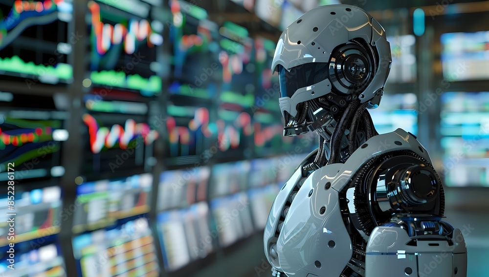 Robot in armor standing in front of wall of monitors displaying graphs Robot in armor standing in front of wall of monitors displaying graphs