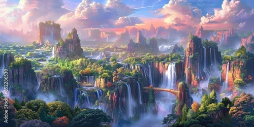 Imagine lush floating islands, waterfalls, and a vibrant sunrise sky, forming a dreamy and surreal landscape AIG59 photo