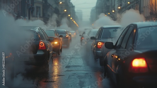 Misty Urban Traffic at Dusk with Headlights and Steam photo
