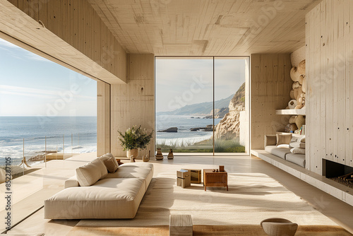 Serene beachfront villa interior in Malibu, USA with minimalist design, featuring driftwood textures, intricate details, and a clutter-free aesthetic for a tranquil and elegant coastal living experien