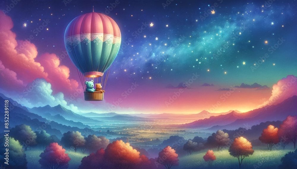 Obraz premium A whimsical scene of a bear and frog in a hot air balloon floating gently in a sky that transitions from pink to dark blue, filled with twinkling star.