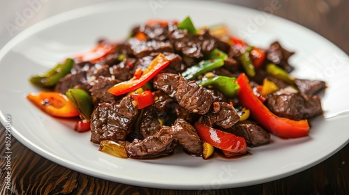 Beef with peppers on a white plate