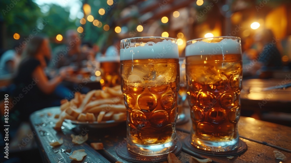 Close-up of several beer glasses placed on the table The background is blurred, revealing the lively atmosphere of the restaurant outside. At dusk, there are beautiful hanging lights. Close-up of several beer glasses placed on the table The background is blurred, revealing the lively atmosphere of the restaurant outside. At dusk, there are beautiful hanging lights.