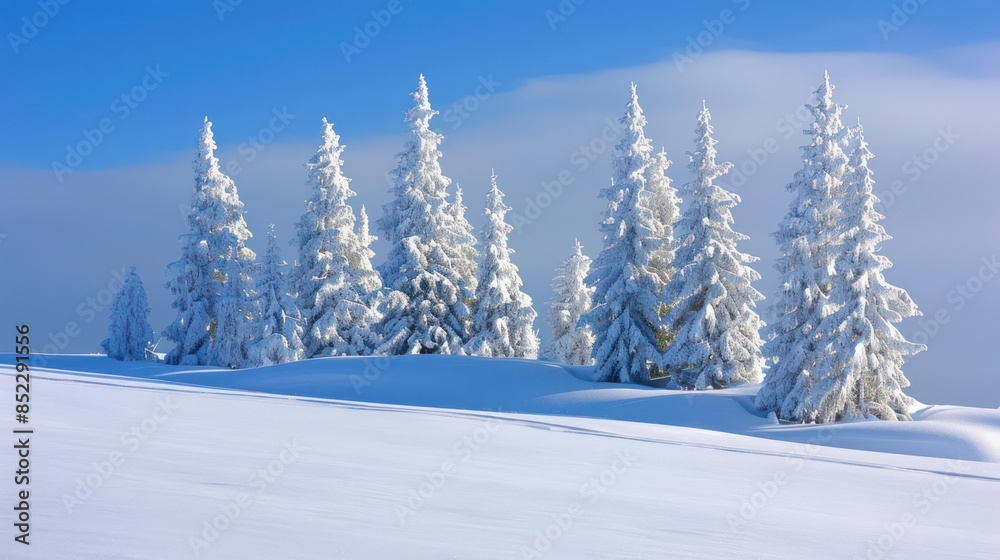 A serene winter landscape shows majestic conifer trees blanketed in snow with a clear blue sky and untouched snow in the foreground A serene winter landscape shows majestic conifer trees blanketed in snow with a clear blue sky and untouched snow in the foreground