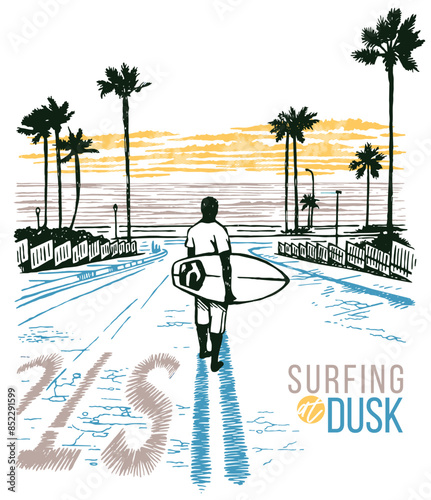 Colorful vector illustration of surfer walking towards the beach. Simple stroke art in sketch style.