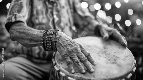 Black and White Close-Up of Hands Playing a Drum
