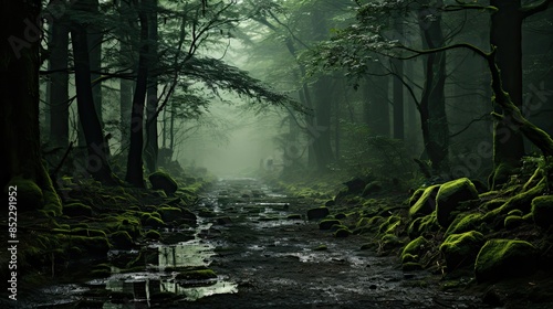 A green forest with fog