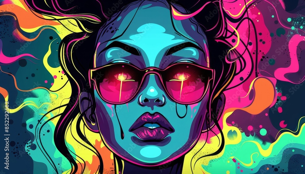 A mesmerizing digital portrait 80s-inspired, with neon lights swirling around, Frontal view Algorithmic AI A mesmerizing digital portrait 80s-inspired, with neon lights swirling around, Frontal view Algorithmic AI