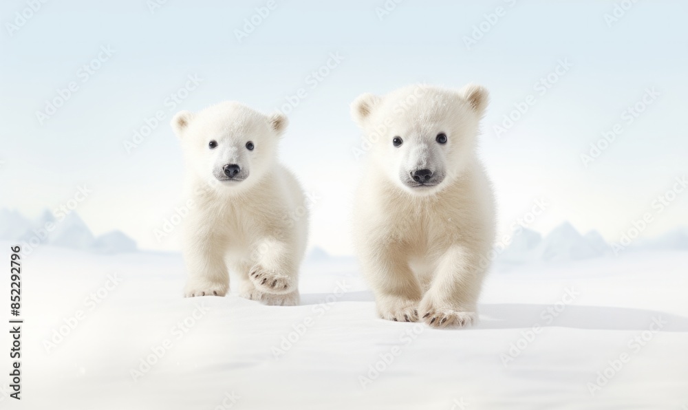 Two adorable polar bear cubs walking together in the snow, captured in the Arctic. Perfect for wildlife and nature themes. Two adorable polar bear cubs walking together in the snow, captured in the Arctic. Perfect for wildlife and nature themes.