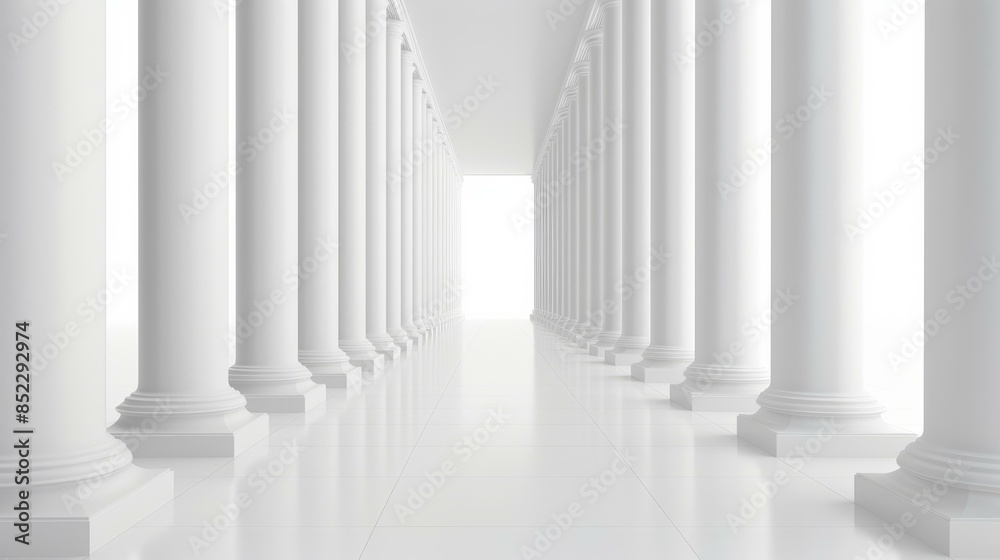 Showcasing a sleek and modern white corridor with striking pillars in a realistic 3D rendering. Showcasing a sleek and modern white corridor with striking pillars in a realistic 3D rendering.