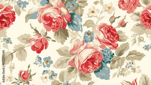 An elegant vintage pattern featuring roses tulips and forget me nots in a shabby chic style This classic chintz floral design is seamlessly repeated for use in both web and print applicatio