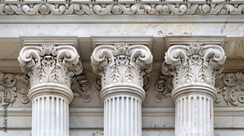 Fototapeta premium Detailed image showing three Corinthian columns with ornate capitals and intricate carvings, symbolizing classical architecture