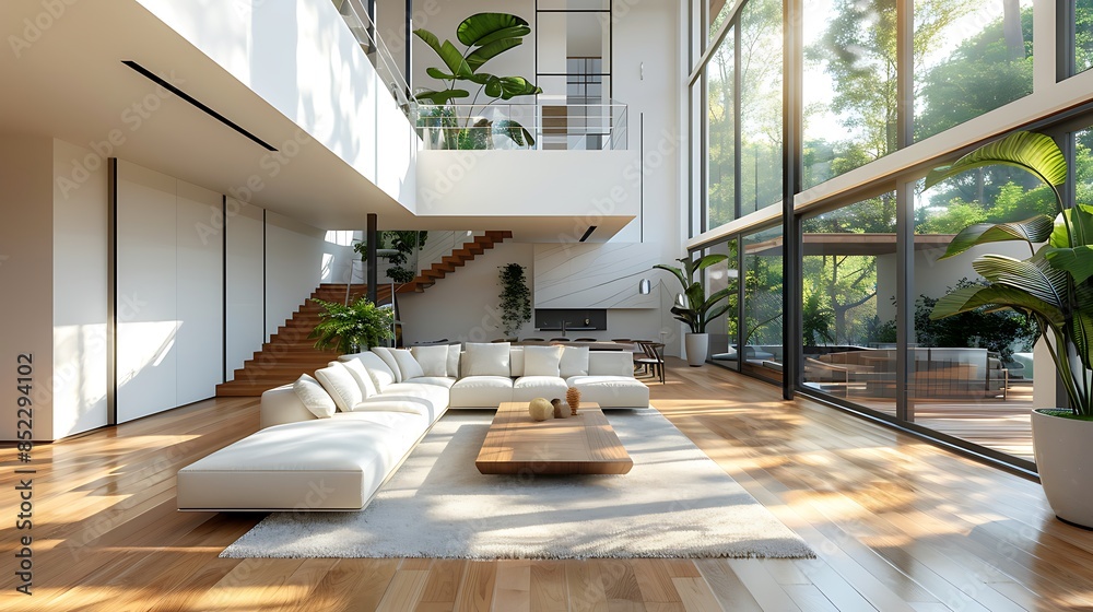 Fototapeta premium Villa living room, double height space with floortoceiling windows on the right side and wooden staircase to second story in left corner. Modern white sofa facing large coffee table near window.