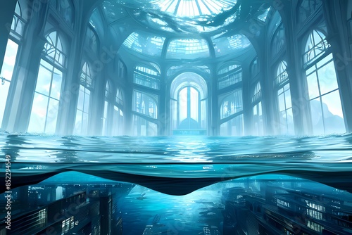 ゲーム背景 水の都市に佇む水の神殿内部と回廊