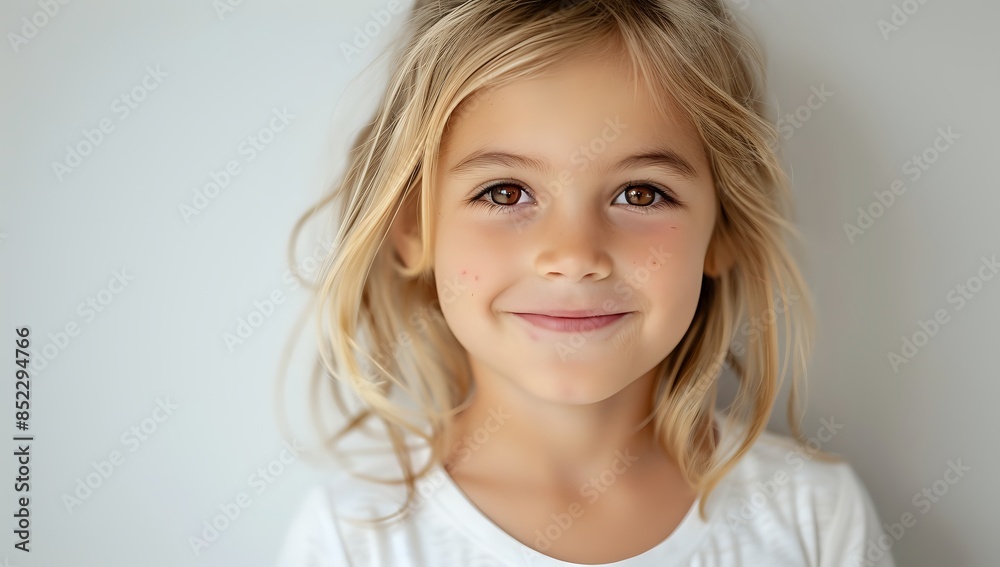 Smiling young girl with blonde hair in white shirt against pale grey background Smiling young girl with blonde hair in white shirt against pale grey background