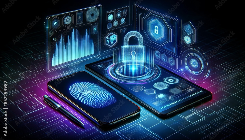 Fototapeta premium Digital security concept with fingerprint and mobile technology