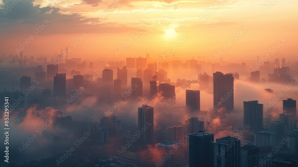 Fototapeta premium Sunrise Over a Foggy Cityscape with Towering Skyscrapers and Orange-Hued Sky