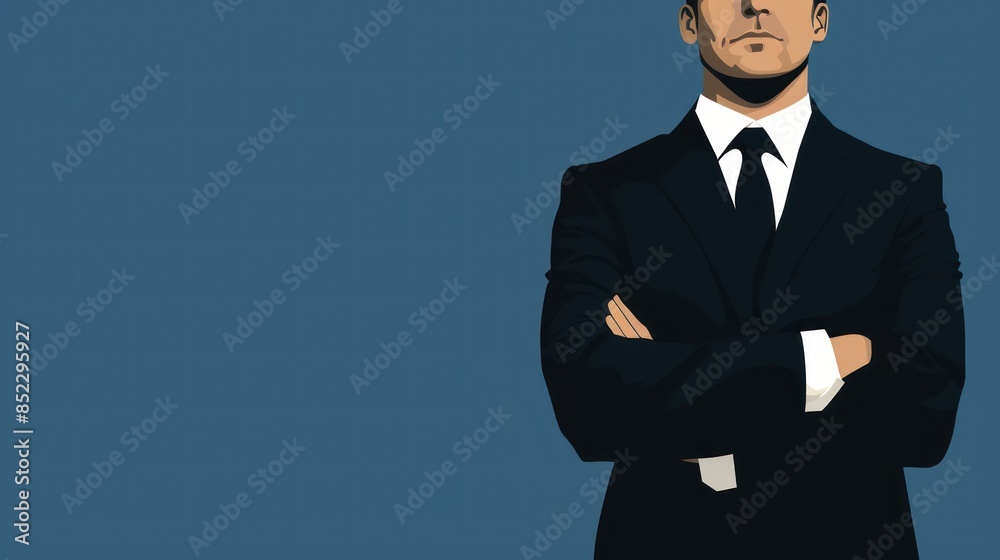 Illustration of a confident businessman in a black suit with his arms crossed standing against a blue background Illustration of a confident businessman in a black suit with his arms crossed standing against a blue background