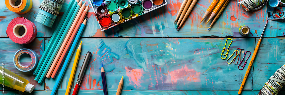 Fototapeta premium Art supplies, panorama wallpaper, important tools for creating art.