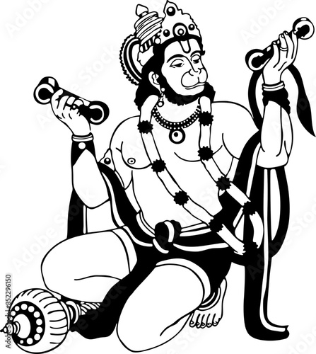 Vector illustration of Lord Hanuman playing music,  hand-drawn black and white Hindu God, silhouette