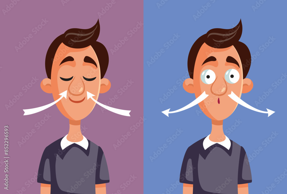 Man Inhaling and Exhaling in Breathing Exercise Vector Illustration. Male patient doing a respiration exercise feeling relaxed
Man Inhaling and Exhaling in Breathing Exercise Vector Illustration. Male patient doing a respiration exercise feeling relaxed