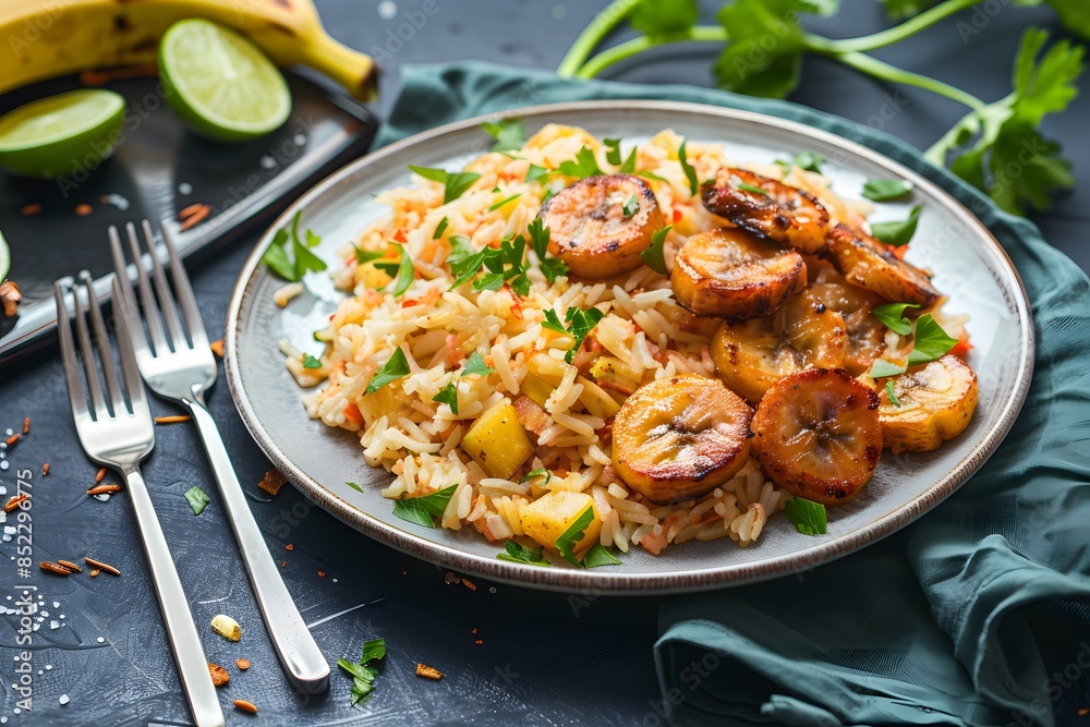 A plate of vibrant orange rice, sautéed in canola oil and served with golden brown fried plantains. The dish is set against an isolated dark background, A plate of vibrant orange rice, sautéed in canola oil and served with golden brown fried plantains. The dish is set against an isolated dark background,