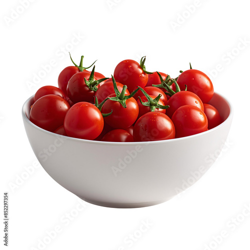 Bowl of Fresh Cherry Tomatoes Isolated on Transparent Background, cut out. PNG