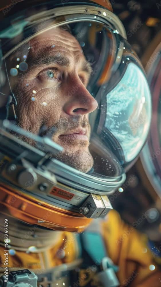 Caucasian male astronaut looking at the earth through the window of a space rocket ship in outer space Caucasian male astronaut looking at the earth through the window of a space rocket ship in outer space