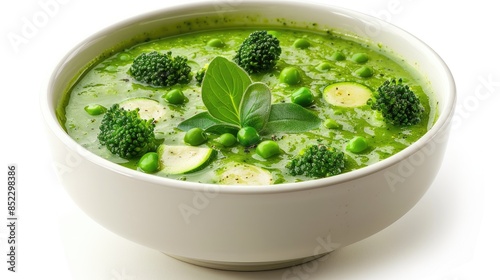 A big white bowl filled with vegetable green cream soup made of broccoli zucchini and green peas displayed from the side on a white background