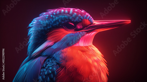 3D modern Kingfisher icon in bright neon graphic style black background photo