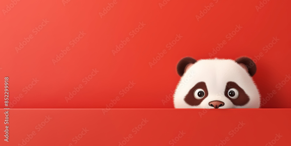 adorable panda cute hiding behind the red wall with copy space text adorable panda cute hiding behind the red wall with copy space text