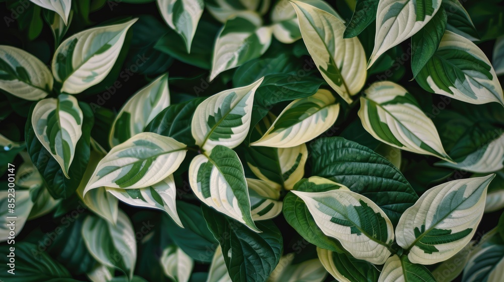 Obraz premium Blurred backdrop featuring white and green leaves