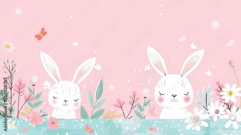 Draw banner rabbit on pink pastel for spring season Draw banner rabbit on pink pastel for spring season