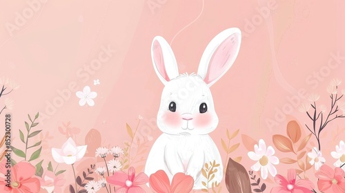 Draw banner rabbit on pink pastel for spring season