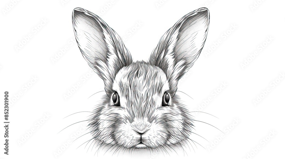Fototapeta premium Easter bunny hand drawn, face of rabbits. Ears and muzzle with whiskers, paws. Vector illustration Cute bunny rabbit outline sketch vector illustration