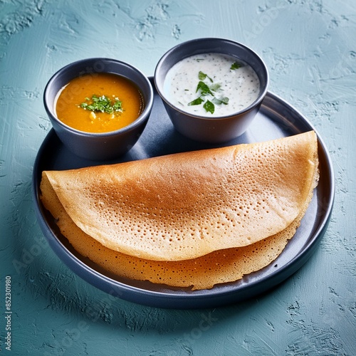 South indian food dosa also called dosai, dosey, or dosha served with  sambhar and coconut chutney photo