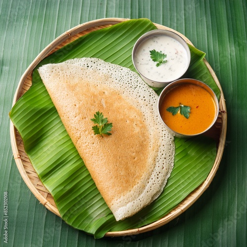 South indian food dosa also called dosai, dosey, or dosha served with  sambhar and coconut chutney