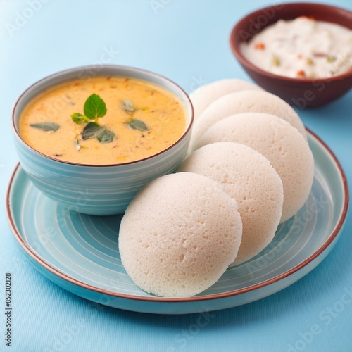 South indian food idli sambhar and coconut chutney photo