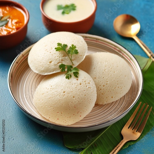 South indian food idli sambhar and coconut chutney photo