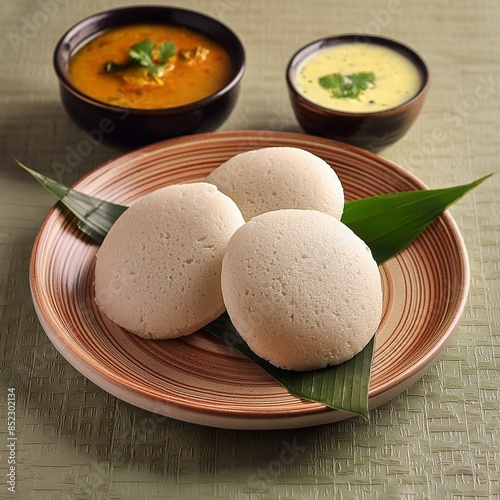 South indian food idli sambhar and coconut chutney photo