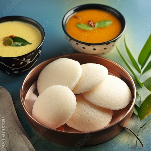 South indian food idli sambhar and coconut chutney photo